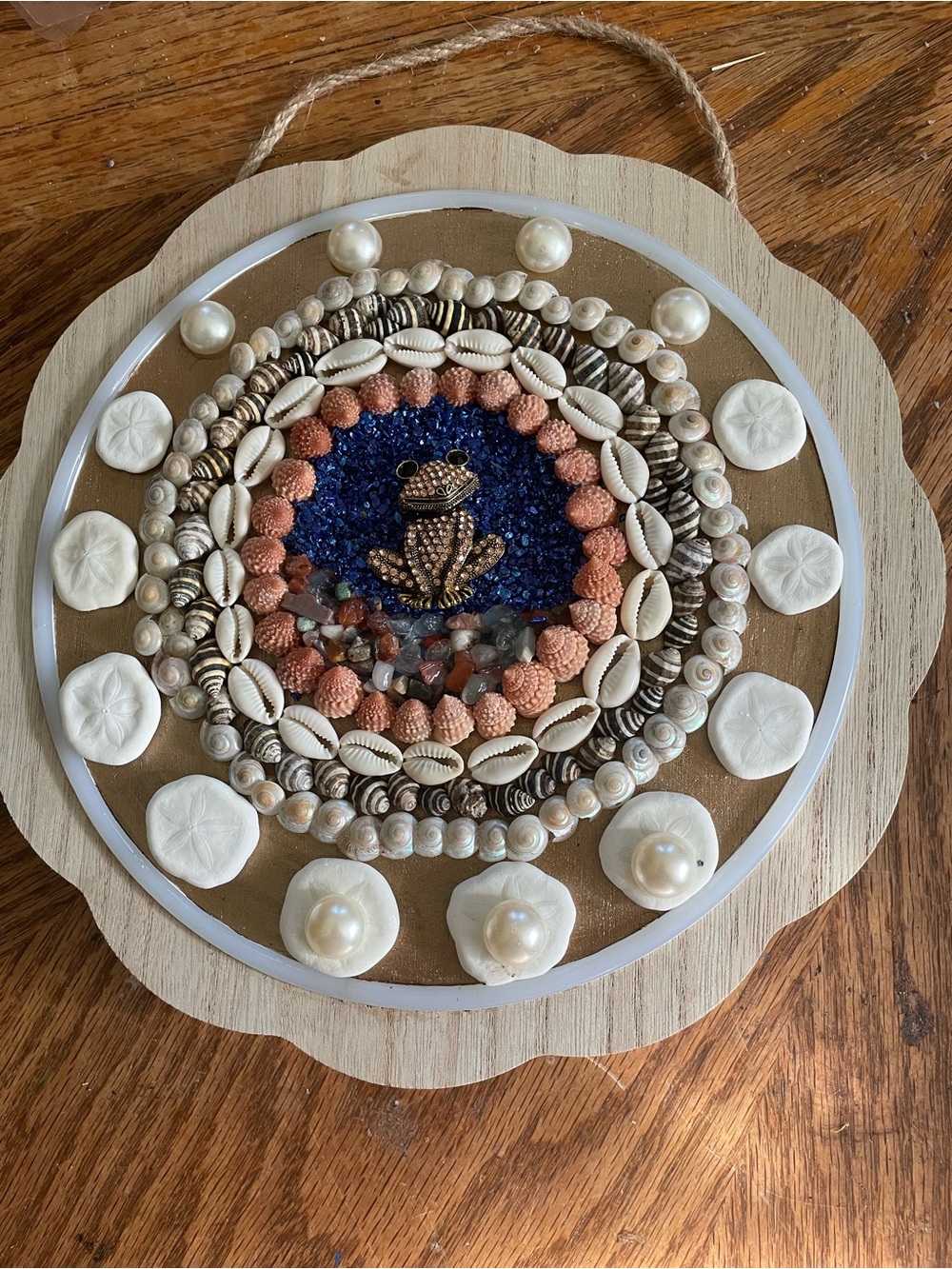 Handmade Shell Mosaic Wall Art with Frog Accent